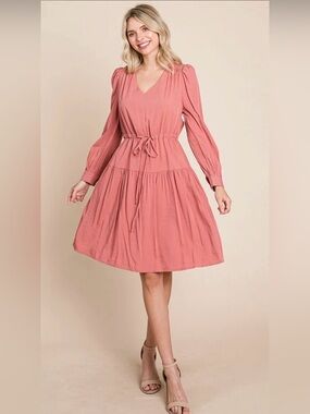 Roly Poly NWOT Deep Pink V-Neck Long Sleeve Tie-Waist Dress Small